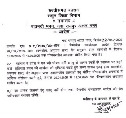 स्कूल शिक्षा विभाग द्वारा ग्रीष्मकालीन अवकाश घोषित